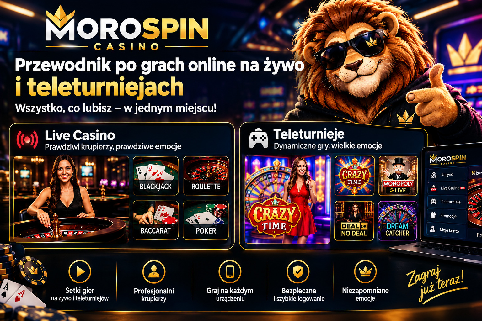 Gry na żywo z krupierem i teleturnieje Crazy Time w MoroSpin Online Casino