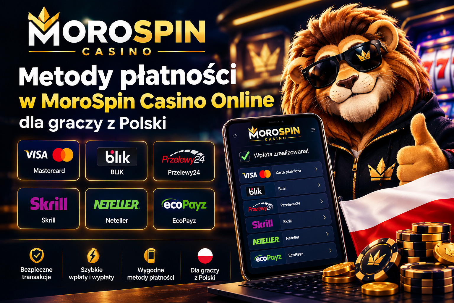 Depozyt kartą Visa lub Mastercard w złotówkach w MoroSpin Casino Online