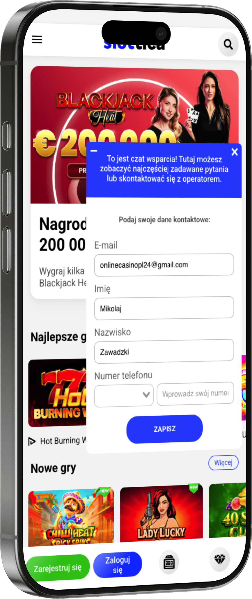 Sotlica – czat na żywo z supportem 24/7 Okno czatu na żywo w Kasyno Slottica Poland dostępne 24/7