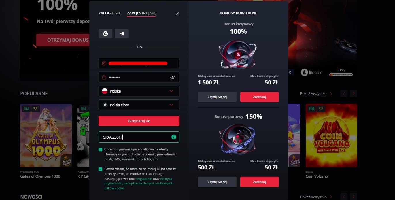 50 darmowych spinow w Starda Casino bez depozytu Podczas rejestracji wprowadź unikalny no deposit bonus code „GRACZ50FR”