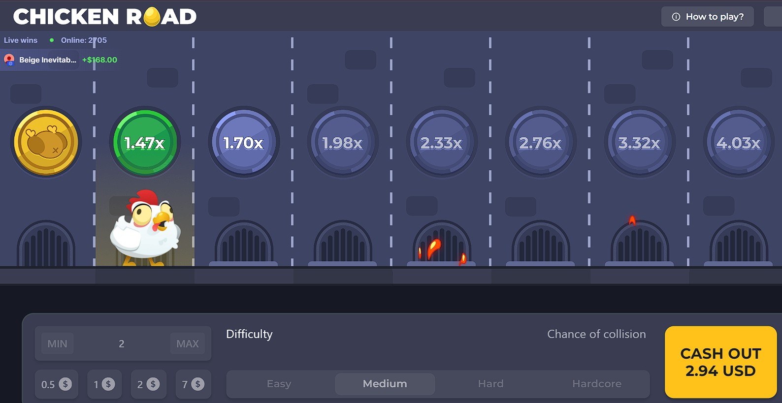 Chicken Road: rozpoczęcie rundy i wzrost mnożnika (krok 3)